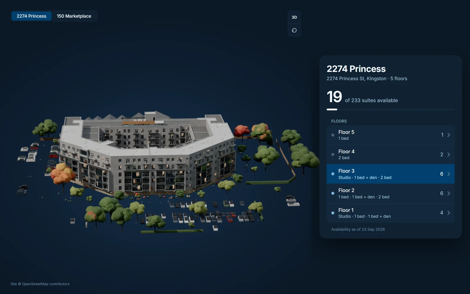 Faig's 3D model of 2274 Princess, with a switch to 150 Marketplace and a floor readout