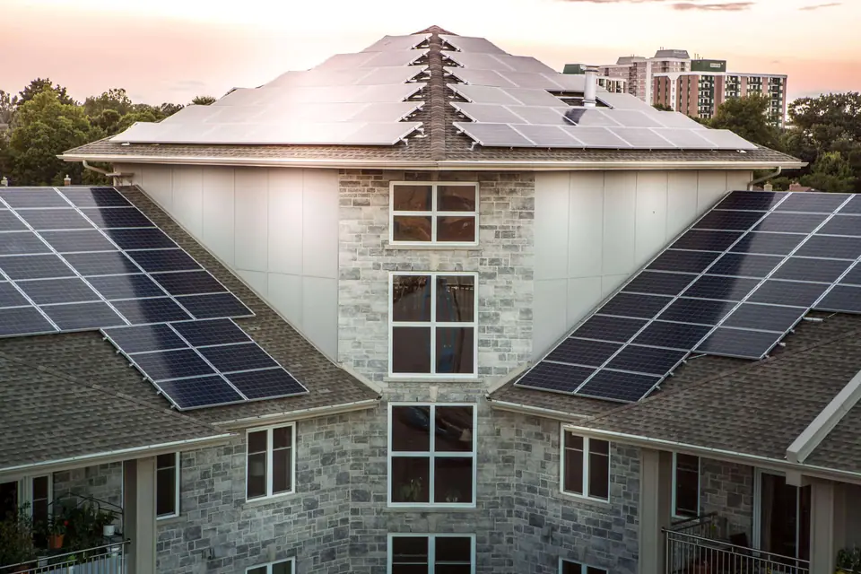 Rooftop solar array at dusk