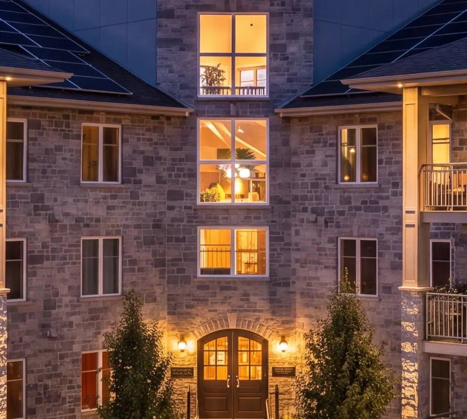 Lit windows and stone at Stonecrest