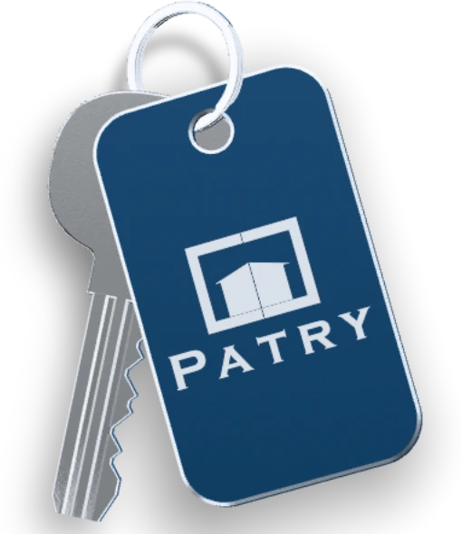 A key on a split ring with a navy anodised fob laser-marked with the Patry Group logo.