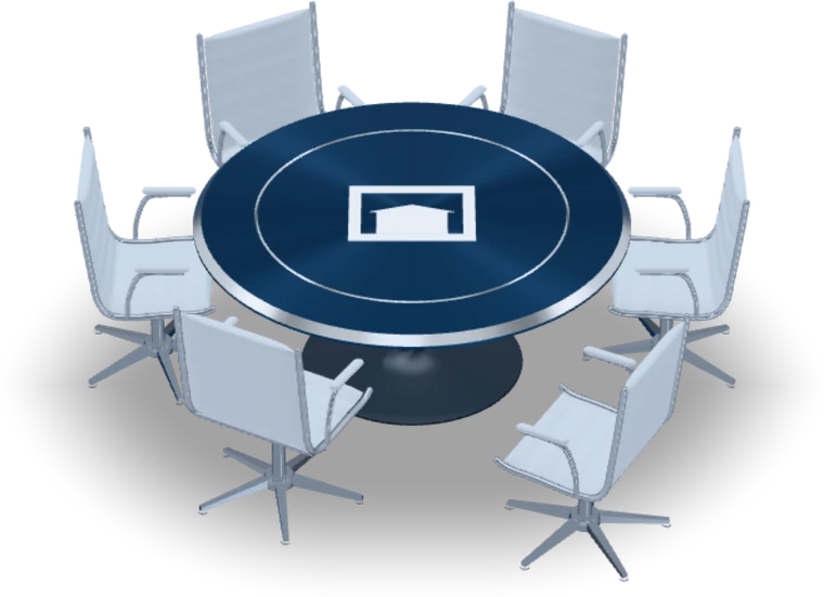 A round boardroom table with a navy lacquered top, a brushed aluminium edge and a brass Patry mark at its centre, ringed by six chairs.