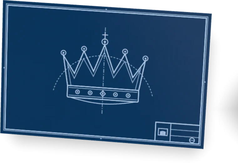 A flat sheet of blue blueprint paper with a crown drawn in white lines at its centre and the Patry mark in the title block.