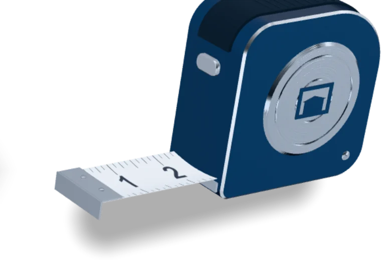 A navy and steel tape measure with its gold blade pulled out, marked with the Patry logo on its side.
